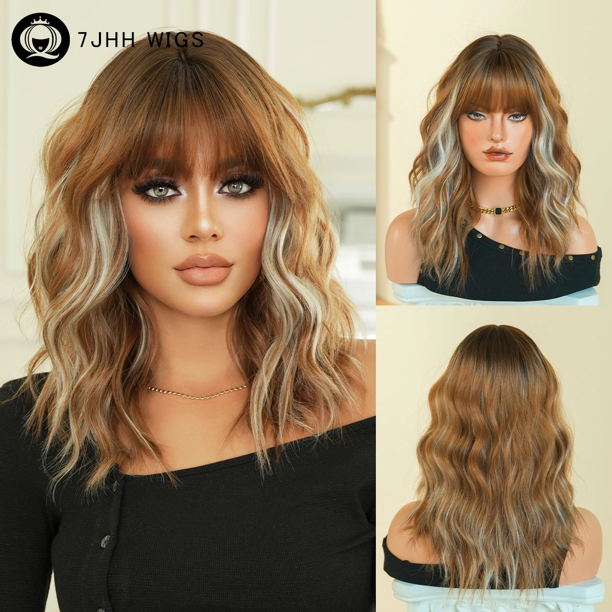 

7JHH WIGS Shoulder Length Water Wave Golden Brown Wig for Women Modest Fashion Synthetic Highlight Beige Wigs with Neat Bangs