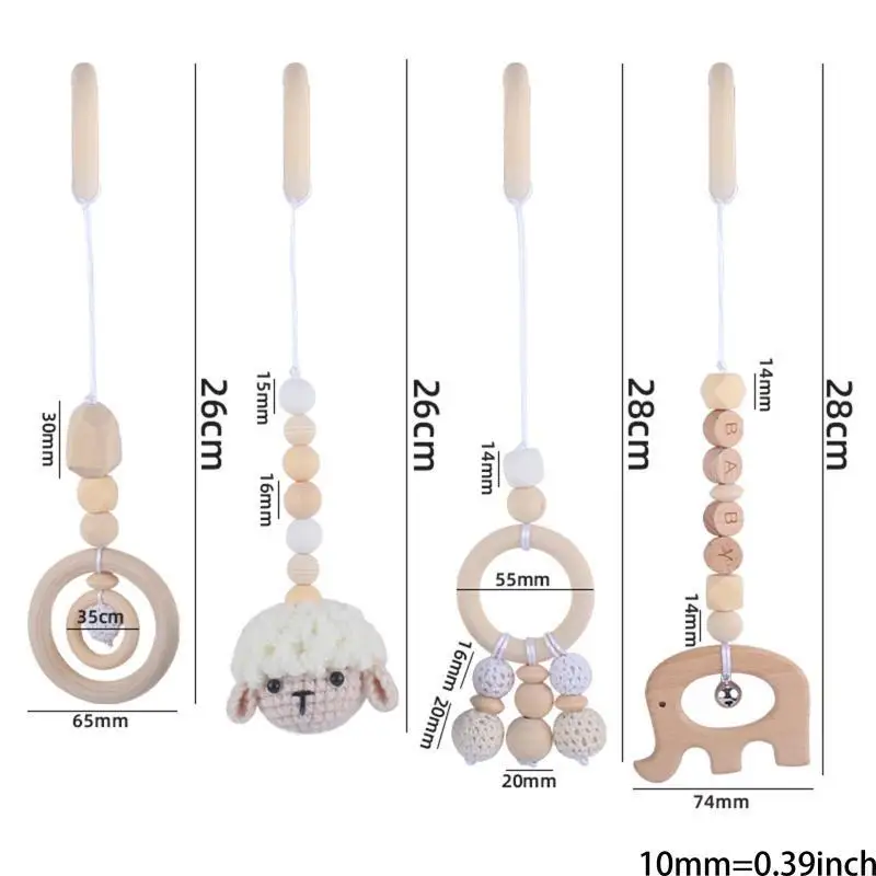 Y88D Baby Beech Hanging Hanging จี้ 4pcs/ชุดถักสำหรับแหวนตุ๊กตา Teether Teething Teething Rattle Toy สำหรับรถเข็นเด็กทารกแรกเกิด