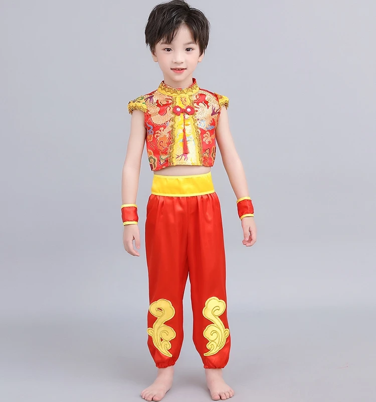 Traje de dança Yangge infantil, Fato de desempenho infantil, Rap vermelho chinês Celebração, Traje de dança folclórica chinesa