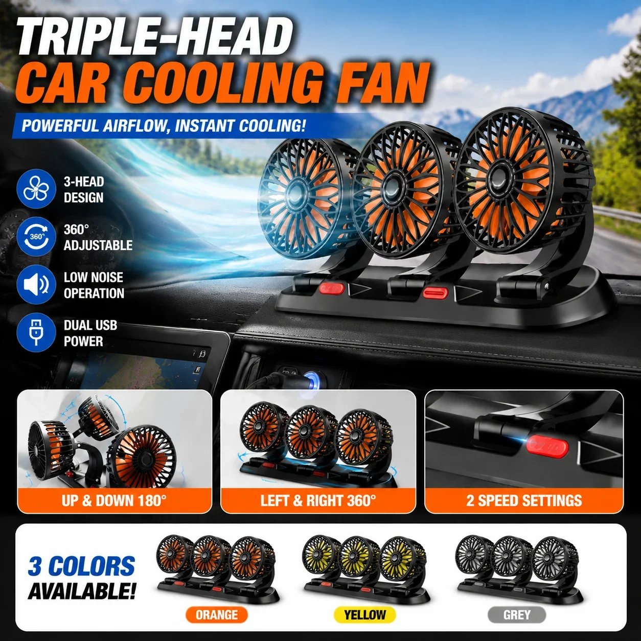 Car Fan Three-Head USB 3-Speed Adjustable 360-Degree Rotation Suitable For Car Cooling Powerful Fan With Hidden Aromatherapy Box