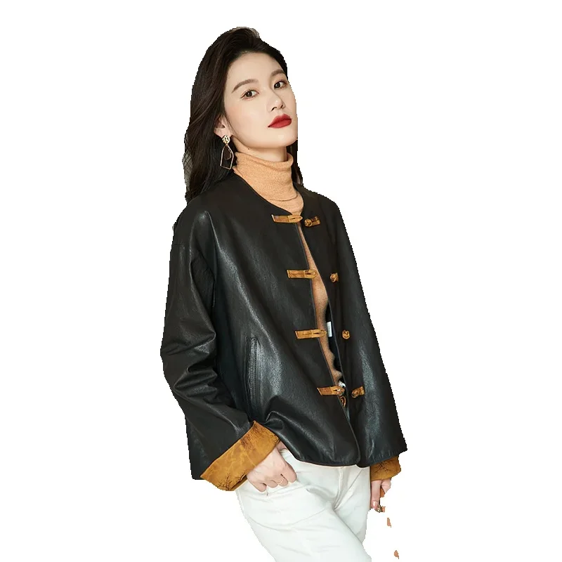 Chinese Style New Genuine Leather Jacket, Women's Short Silk Satin, Pure Silk, Fragrant Cloud Yarn, All Plant Tanned Cotton Shee