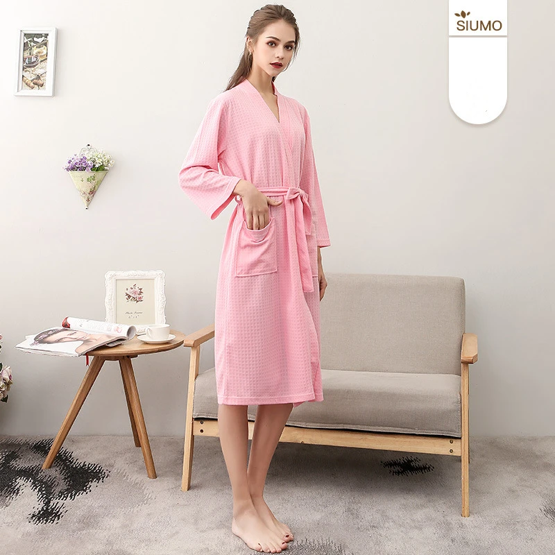 

Summer Couples Spring Autumn Waffle Bathrobe Pajamas For Women And Men With Waistband Pockets Nightrobe Long Sleeve V-Neck Solid