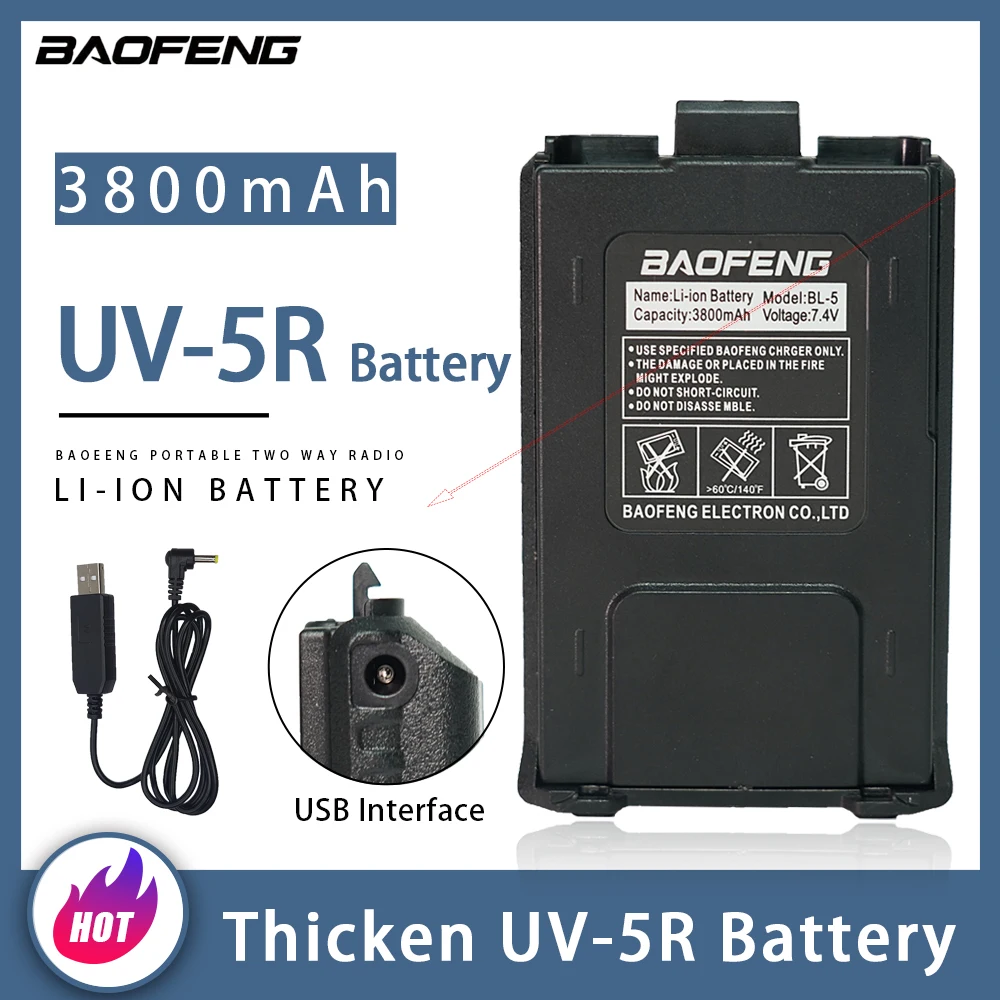 Thicken Baofeng UV-5R Battery Support USB Cable Charge For Walkie Talkie UV5R Series Two Way CB Radios Extra Li-ion BL-5 Battery