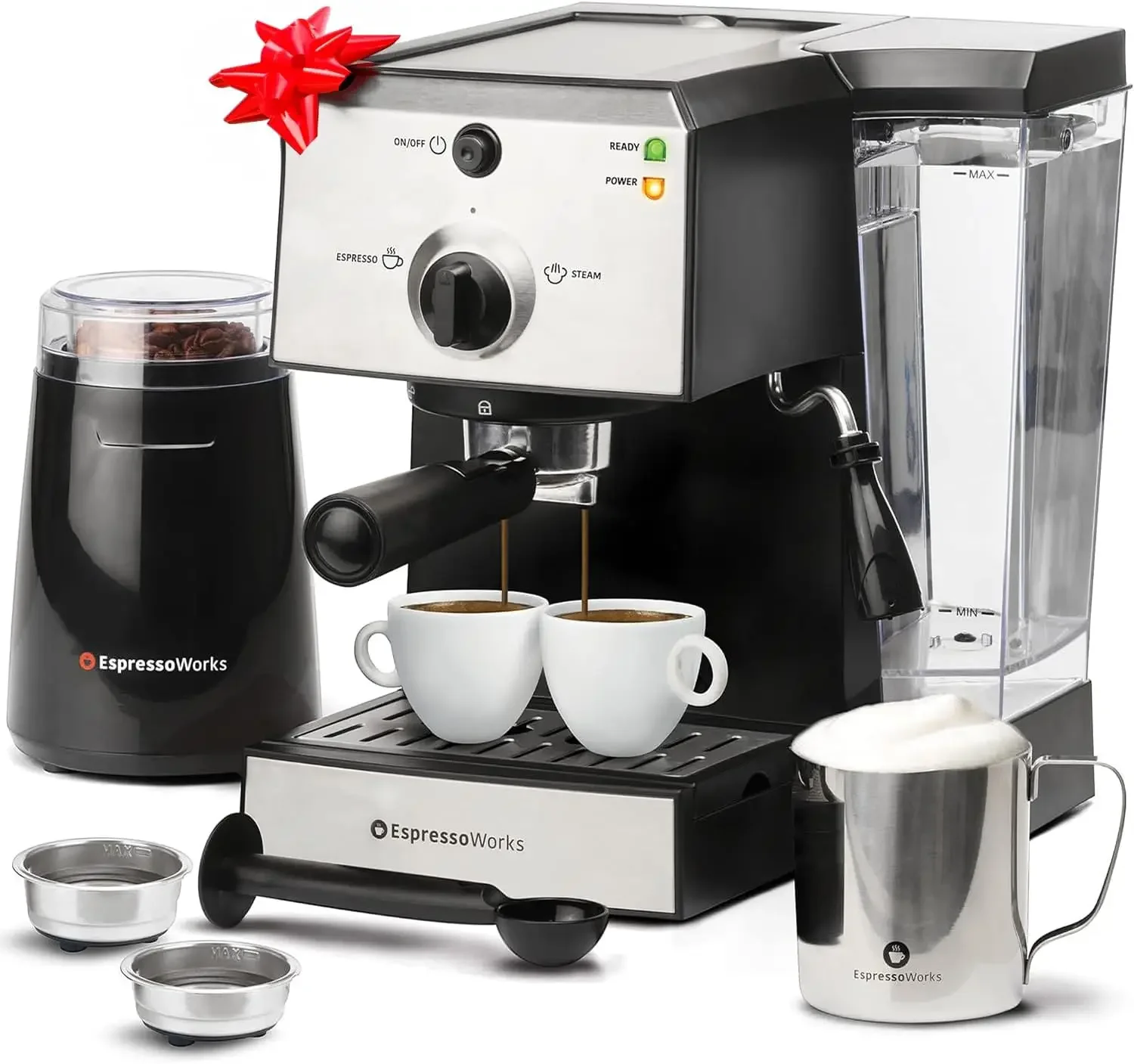 

All-In-One Espresso Machine W/ Milk Frother 7-Piece Set - Latte Maker Includes Grinder, Frothing Pitcher, Cups, Spoon & Tamper