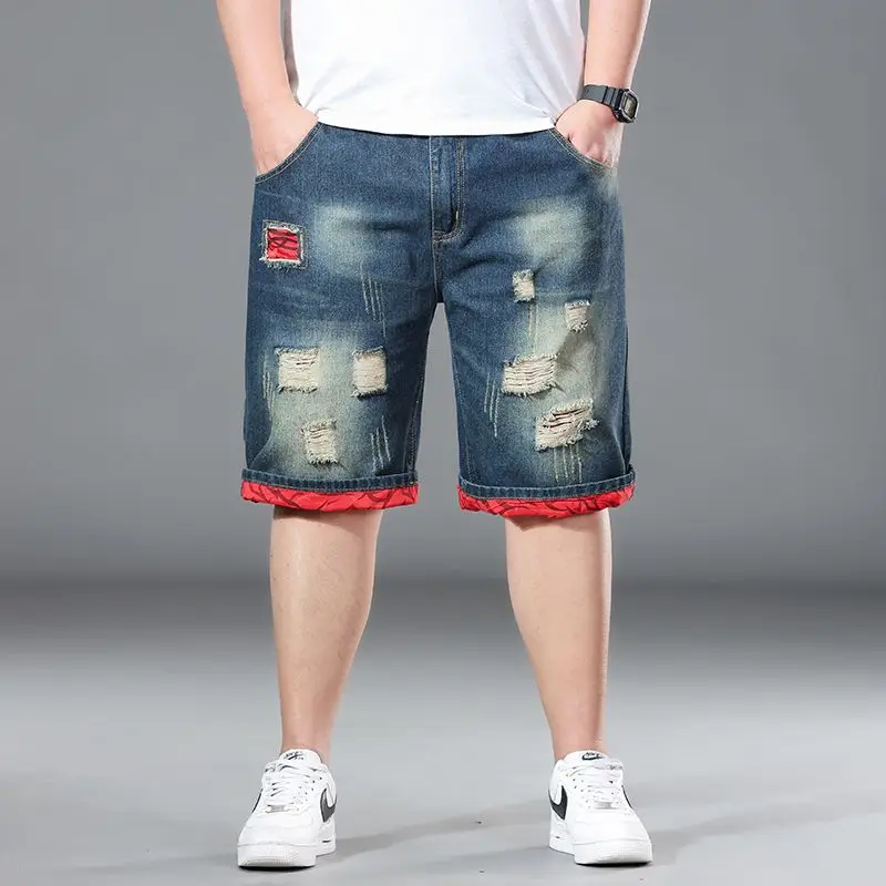 

Plus size 8XL 7XL 6XL men's ripped denim shorts, mid high waist, loose and worn denim shorts, casual summer washed shorts