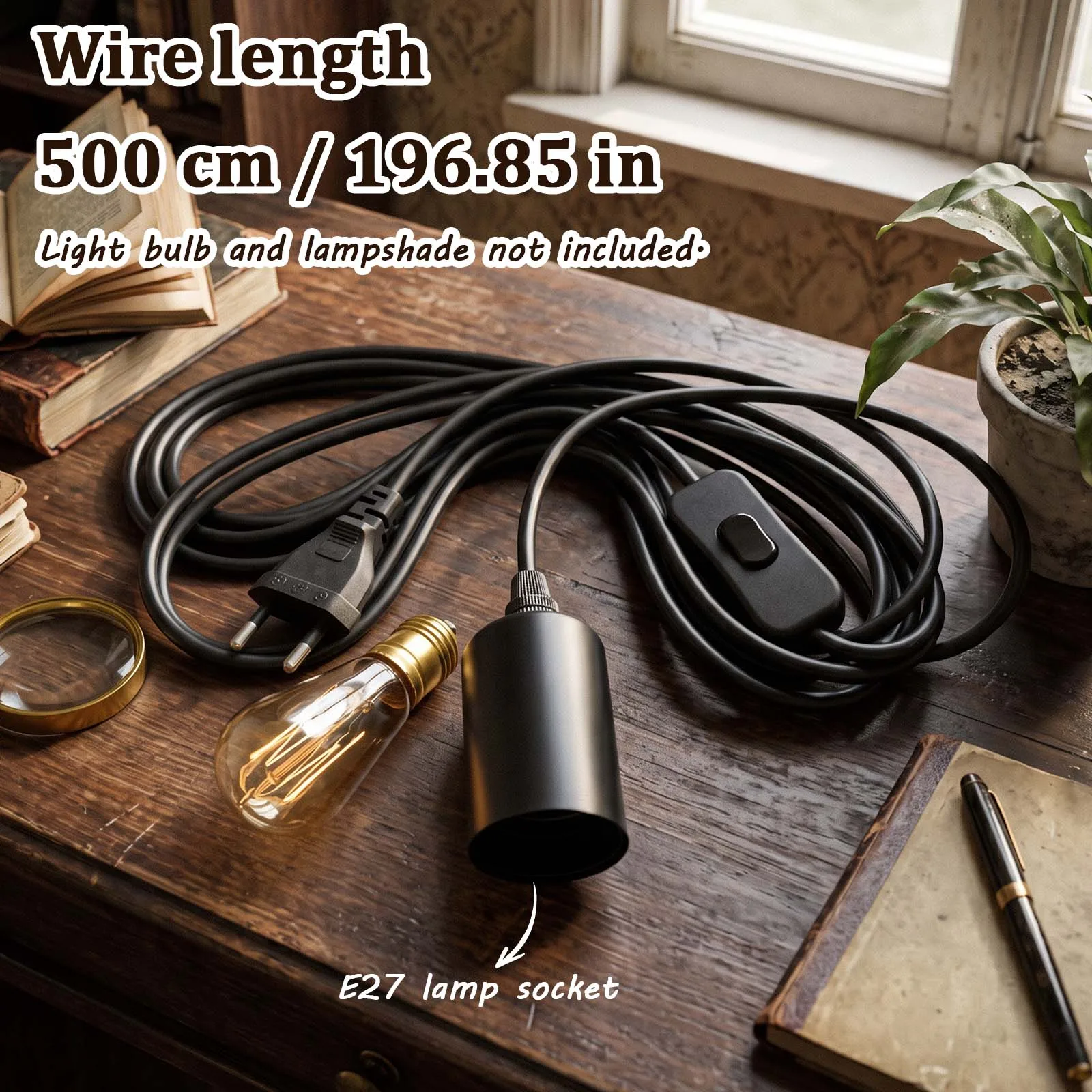 Black Pendant Cord with Cylinder E27 Socket, Rocker Switch and EU 2-Pin Plug, for Vintage Industrial Bedroom