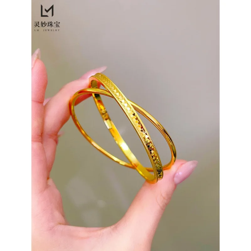 

9999 24K real gold luxury jewelry double ring bracelet for women 18K gold CNC high shiny sequin fashion for girlfriend