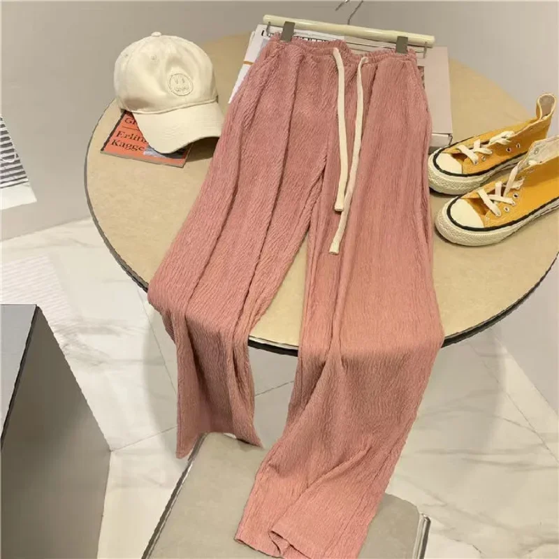 Calça plissada casual feminina, conforto simples, Harajuku, cintura alta, estilo coreano, literária, calças de perna larga, nova moda, primavera