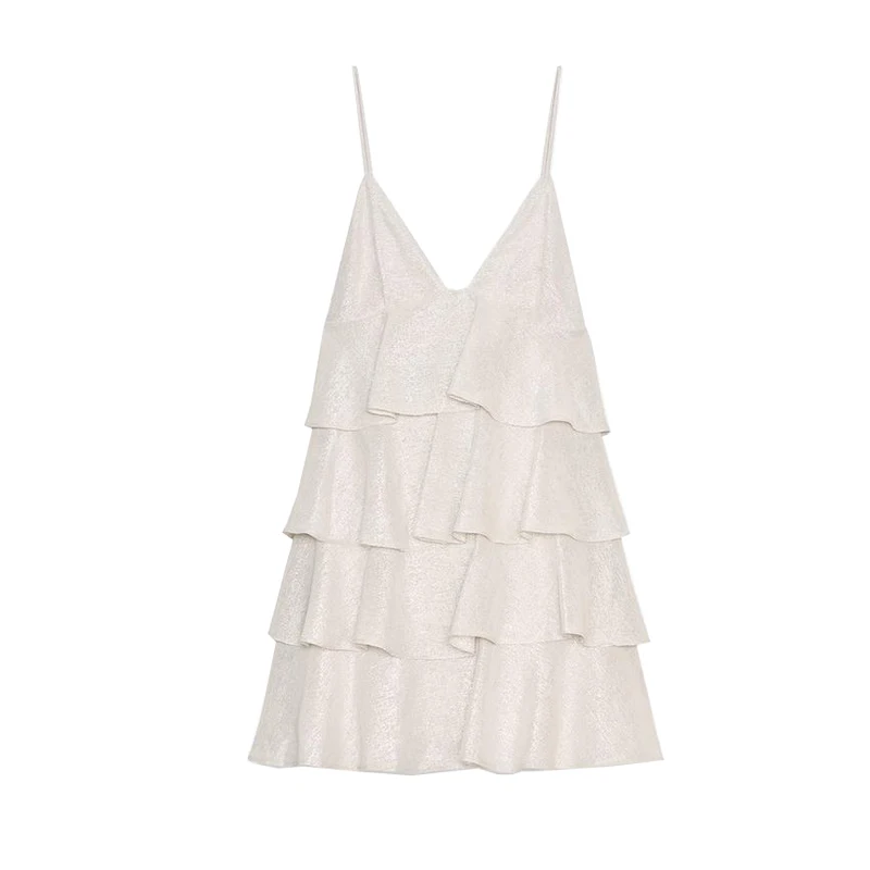 Verão feminino ort dr metal cor emenda v-ne strapl em camadas decoração fibra de poliéster 00% dr 6344