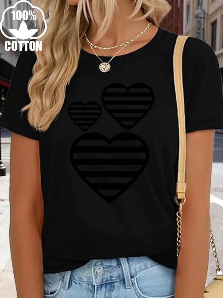 

Three Lines of a Heart Women's Graphic T-Shirt 180g Cotton Crew Neck Short Sleeve Tee Casual Black Summer Daily Wear