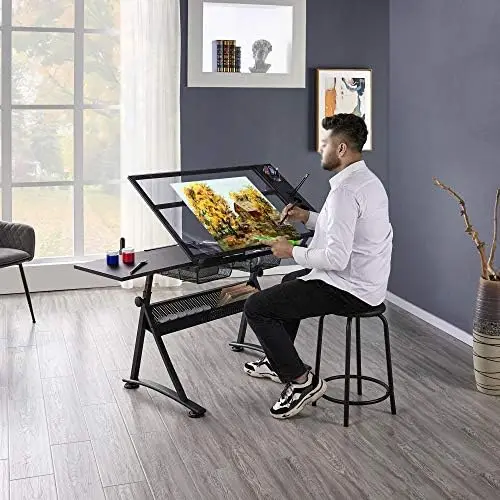 Drafting Table w/Stool Height Adjustable Multifunctional Art Craft Artists Desk Tilting Glass Tabletop Diamond view 2