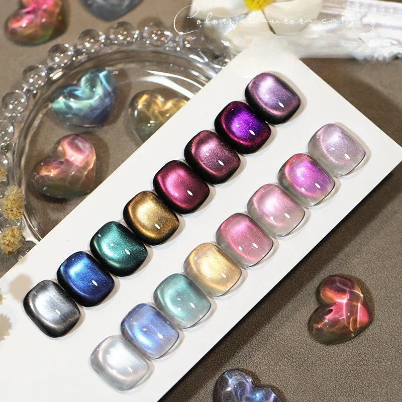 9Pcs 15ML Double Light Cat Magnetic Polish Gel Nail Art Sparkling Rainbow Gel Nail Polish Semi Permanent UV Magnet Shiny Gel