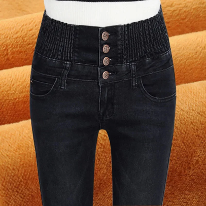 2024 Autumn Winter New Oversized Single breasted High waisted Elastic Jeans Women's Slim Skinny Pencil Pants Velvet Warm Pants