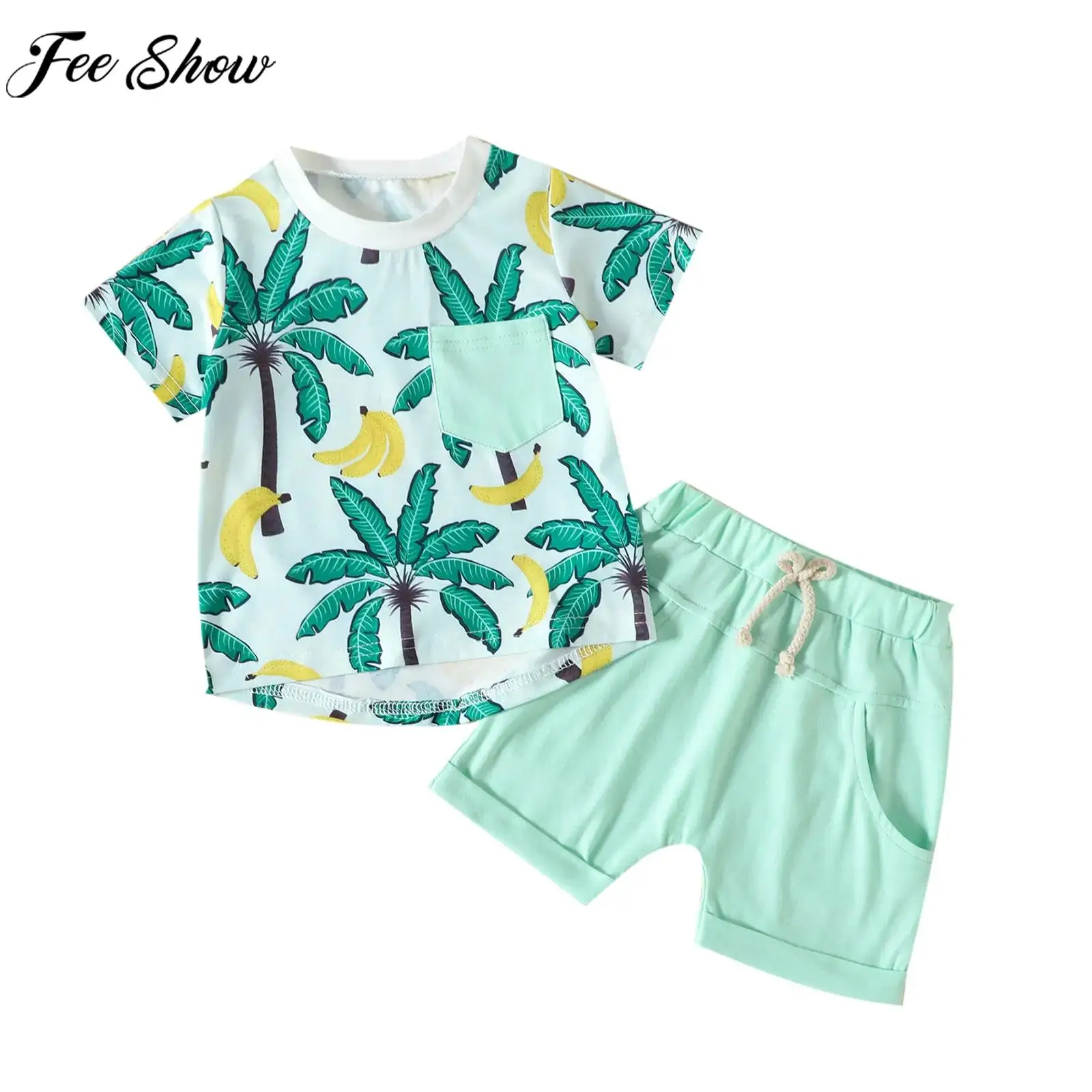 

Infant Summer Beach Vacation Hawaiian Style Outfit Short Sleeve Casual Palm Print T-Shirt with Shorts for Daily Picnic Home Wear