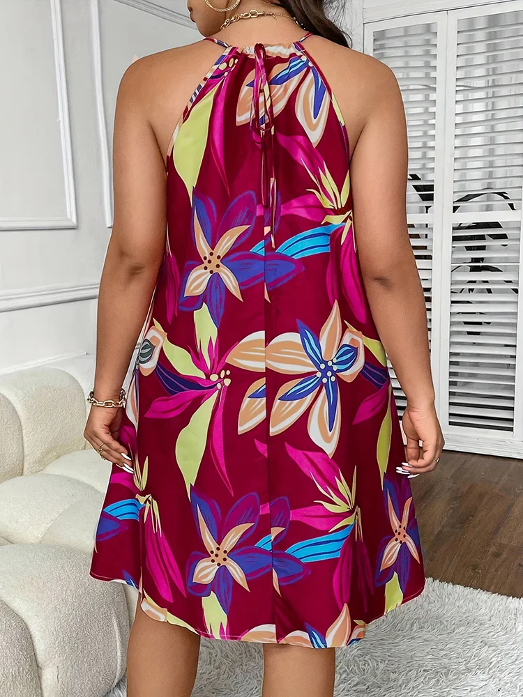 فستان GIBSIE مقاس كبير بنمط العطلة مطبوع عليه ربطة عنق خلفية بدون أكمام فستان نسائي صيفي أنيق للشاطئ فساتين صغيرة فضفاضة