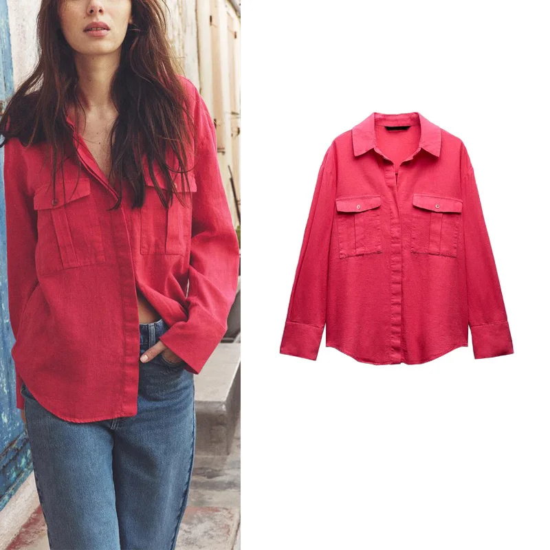 Retro Sle Casual Loose Long Sve Collared ket Detail Linen irt Spring Summer New Arrival Women's Busin Casual irt