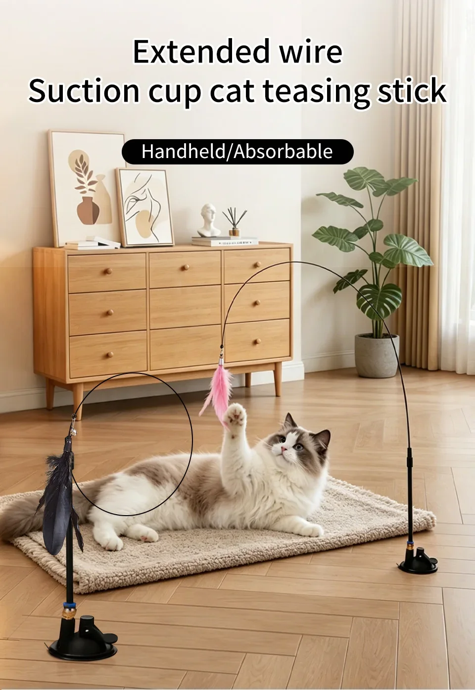 Katzenspielzeug mit Saugnapf, Katzenangel mit Glocke, Verlängerungsstab, Interaktives Federspielzeug für Katzen, Langlebiger Austauschbarer Federkopf – Detail 1