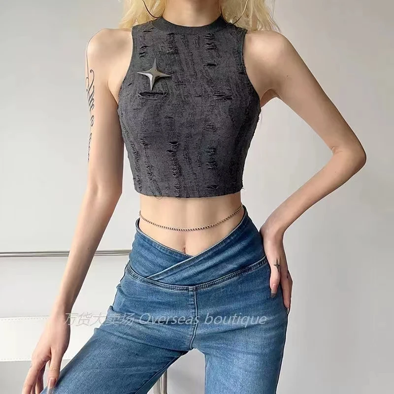 Mock Neck Knitted Crop Tank Top for Women Distressed Sleeveless Sweater Vest e-girl Y2k 90s Aesthetic Grunge Outfit