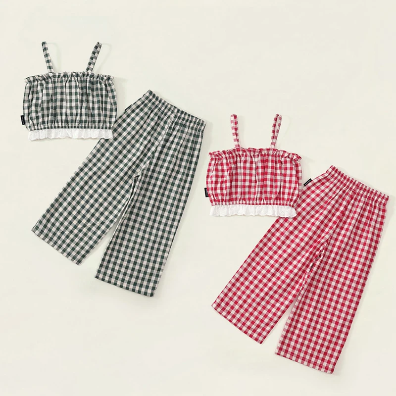 

2025 New Summer Korean Style Children Clothes Suit Sleeveless Cotton Grid Vest+Pants 2-7Yrs Baby Girls Clothing Set