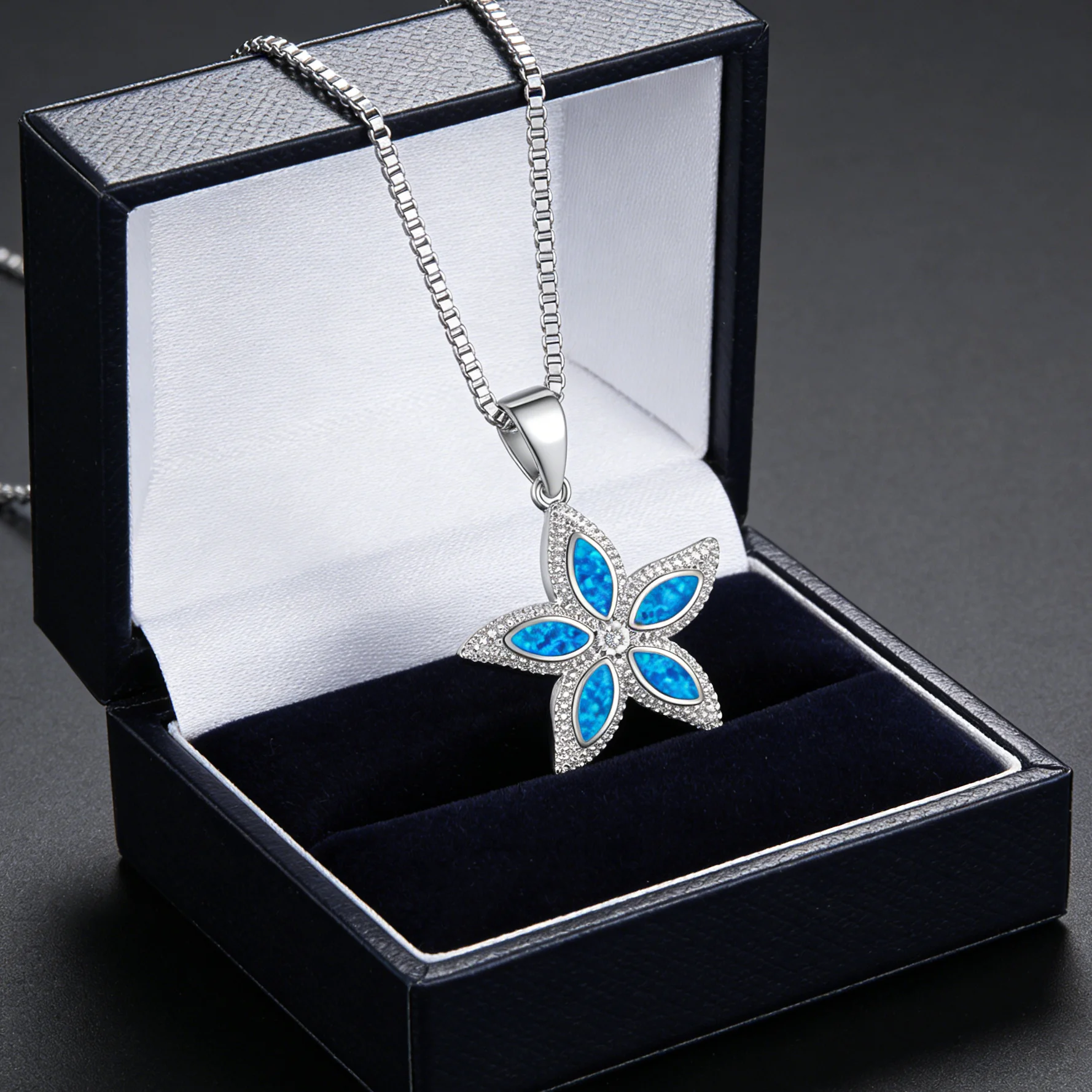 قلادة أنيقة على شكل نجم البحر، فضية مع أوبال أزرق وزركونيا مكعبة، سلسلة هدية مجوهرات المحيط الرائعة قابلة للتعديل للنساء