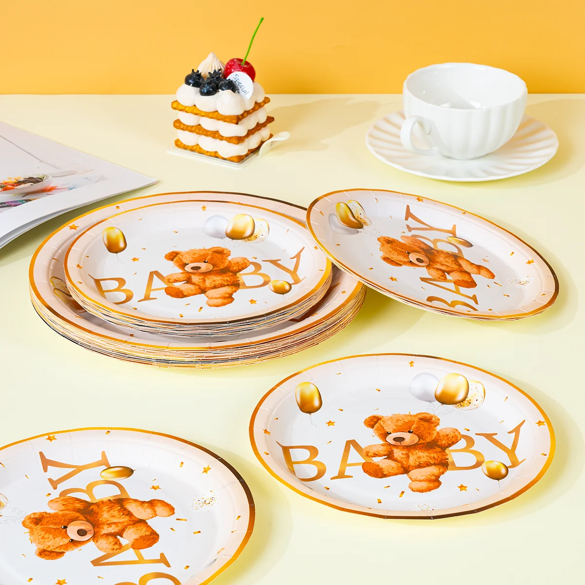 10/25/50pcs Gold Rim Baby Bear Print Disposable Paper Plates 7/9 Inch Round Plates for Gender Reveal view 4