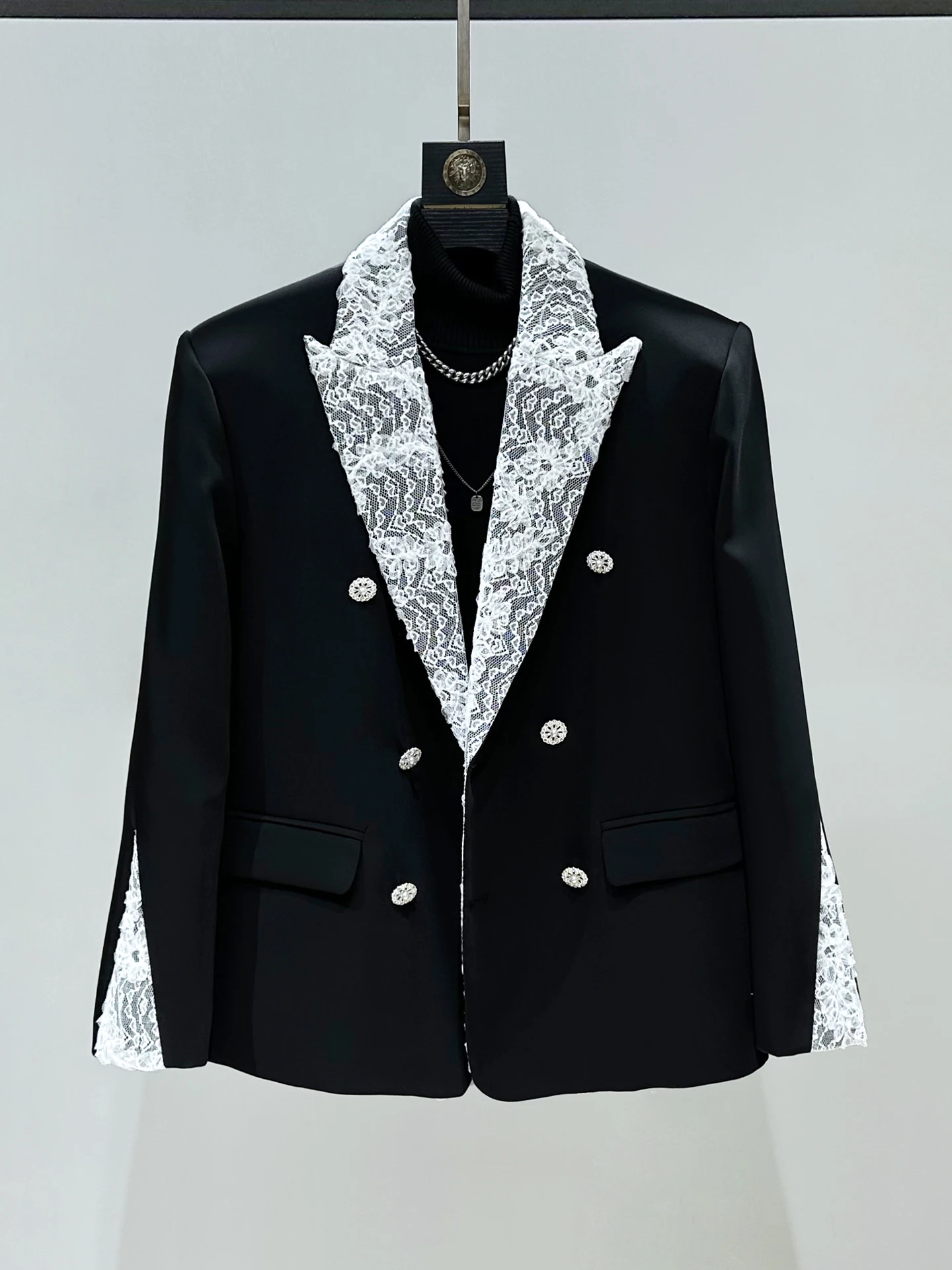 

Мужской свободный пиджак с кружевными вставками и двойной пуговичной застежкой, в западном стиле, повседневный, модный, с длинными рукавами