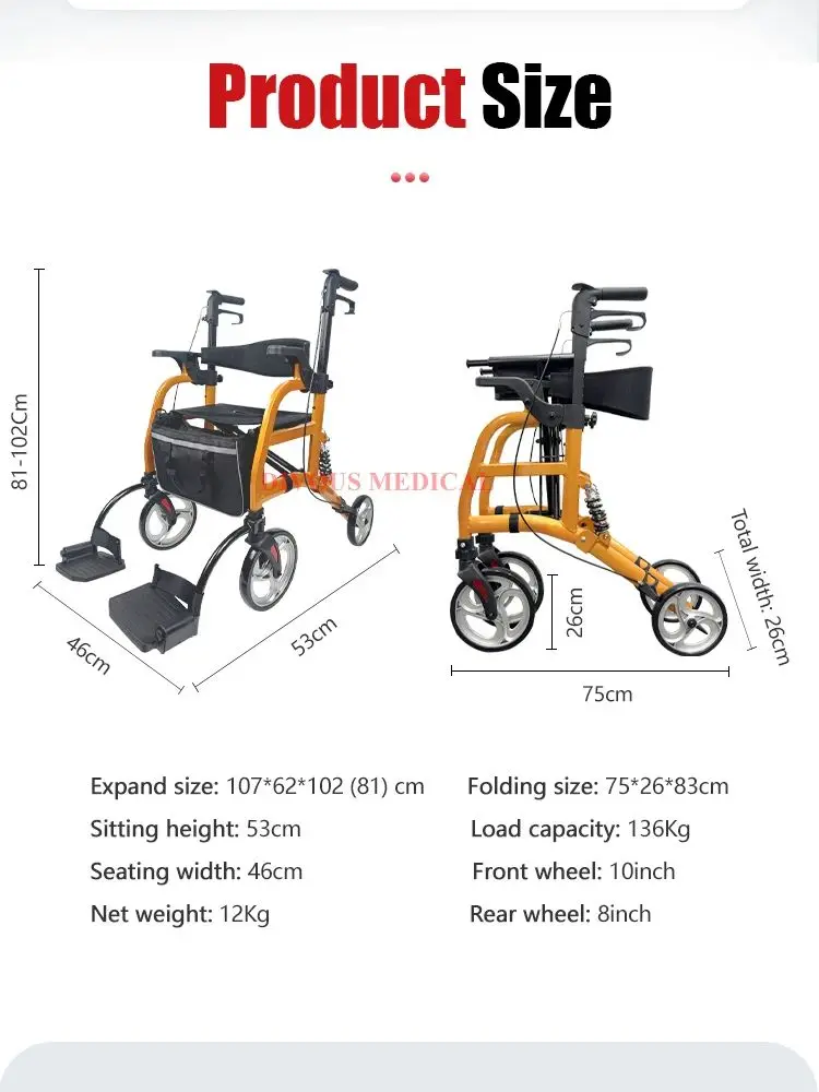 

Aluminum Alloy Wheel Chair Folding Lightweight Four Wheels Walking Aids Walker with Storage Bag for Disabled Elderly People