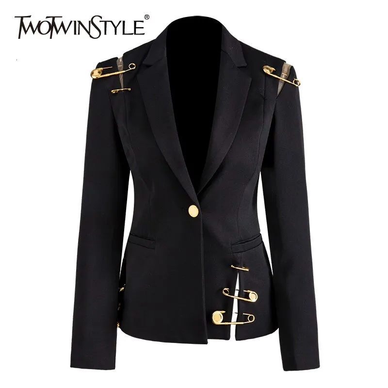 TWOTWINSTYLE-Chaqueta lisa y elegante para mujer, Chaqueta de manga larga con cuello con muescas y hebilla de Metal, de diseñador, ahuecada