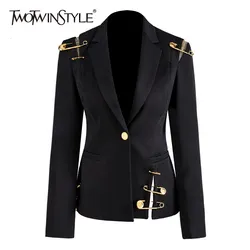 Twotwinstyle blazers de manga comprida das mulheres com gola entalhada e fivela de metal, sólido e chique, designer, patchwork