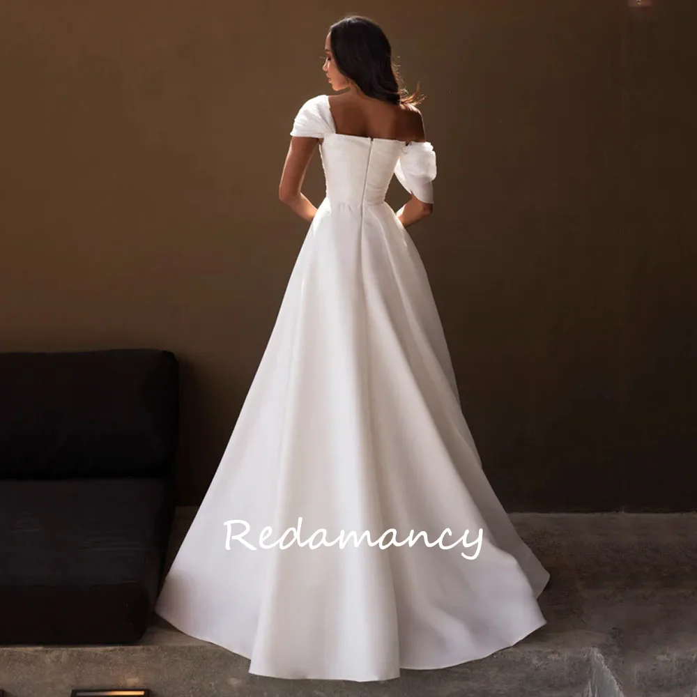 Redamancy-plissado cetim A-line vestidos de casamento para mulheres, zíper sem costas, fora do ombro, 2022