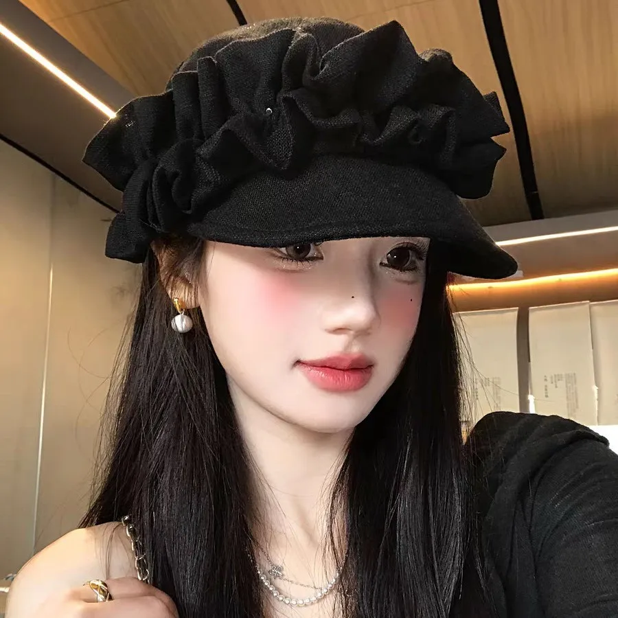 Niche Design Cotton and Linen Pleated Equestrian Hat Women Fashionable Face Small Girl Celebrity Style Sun Newsboy Caps