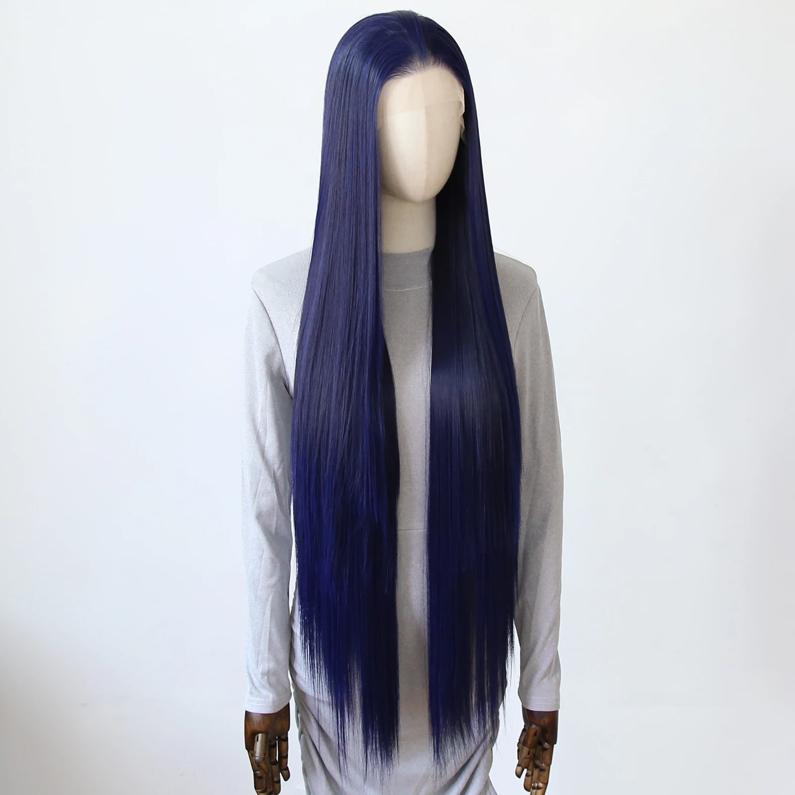 

Темно-синий синтетический парик спереди, длинный прямой парик 40 дюймов, темно-синий синтетический парик спереди, предварительно выщипанные натуральные волосы