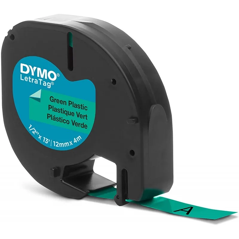 Dymo LetraTag S0721640 Original label tape for marker-black text on green background-width 12mm x 4 meters (9. Tintasycartuchos.com