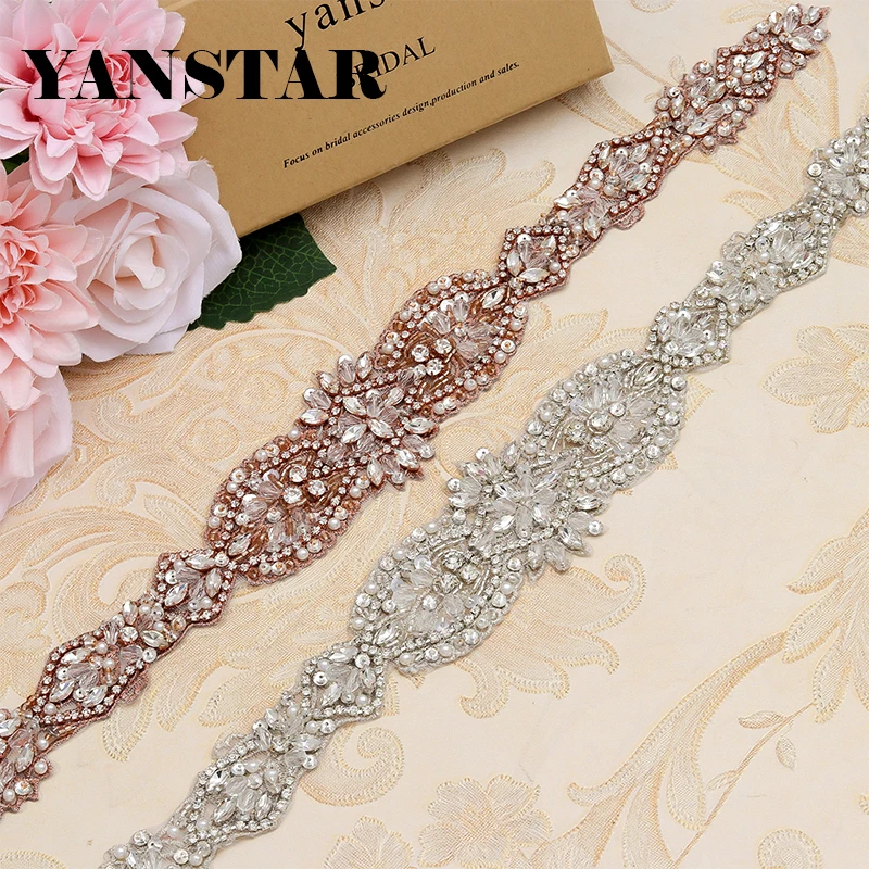 

YANSTAR(30pcs) Wholesale Hand Beaded Rhinestone Applique Rose Gold Crystal Sew On For Bridal Wedding Dress Sash YS864