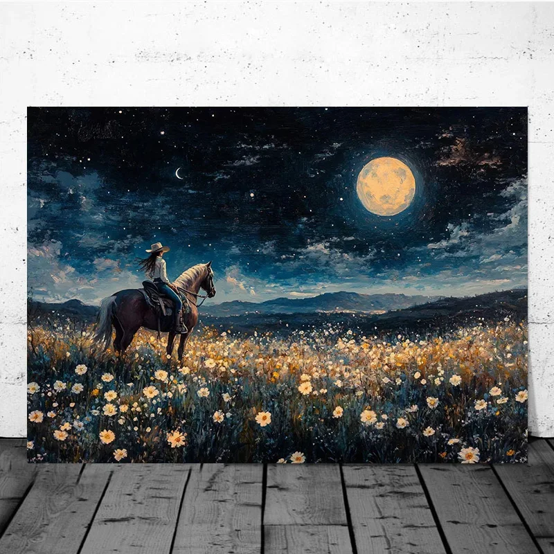 Multiple sizes 1pc frameless Canvas Painting,Cowgirl Riding Horse Daisy Flower Moon Night Poster and Prints Canvas Painting Wall