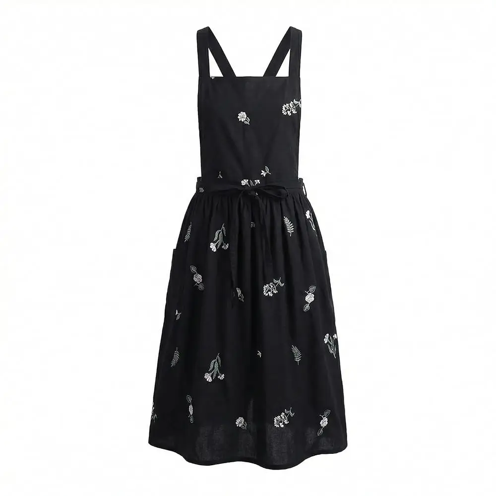 

Women's Floral Embroidered Apron 100% Cotton Cross Back Pinafore with Pockets - Water Repellent Vintage French Smock