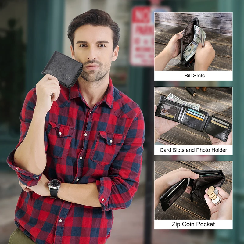 CONTACT'S Genuine Leather Men Wallet Vintage Trifold Hasp Wallet Zipper Coin Purse Card Holder Money Clip Men's Wallets