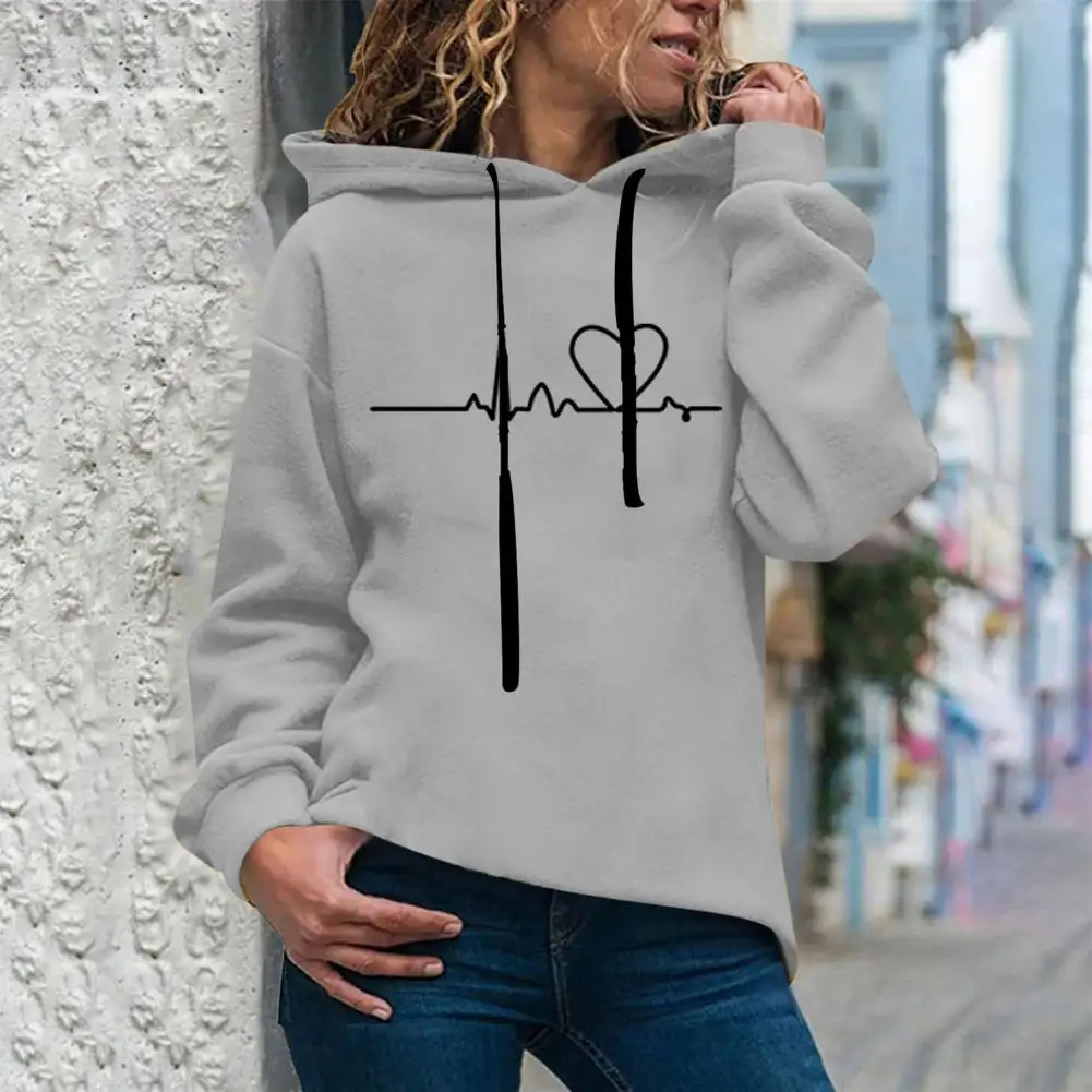 Women Hoodie Electrocardiogram Print Hooded Thick Casual Women Sweatshirt Thermal Keep Warm Drawstring Hoodie Winter Sweatshirts