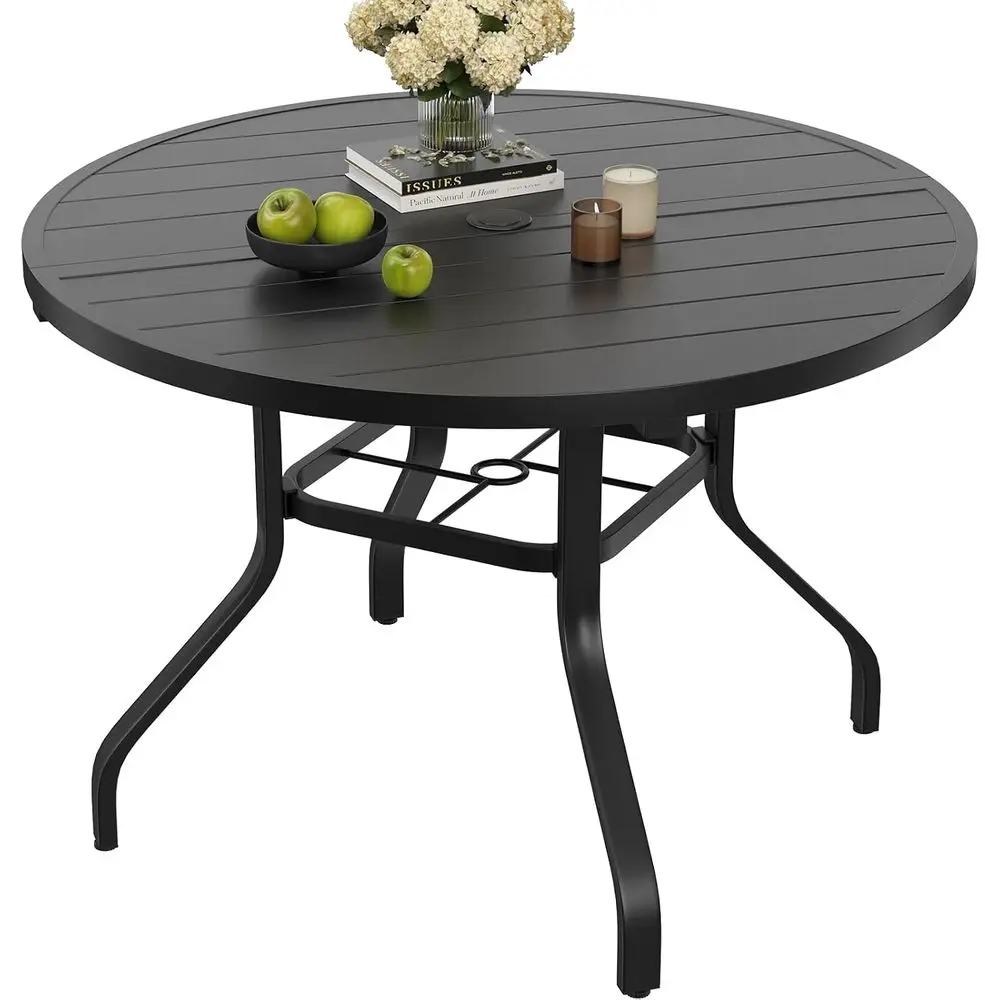 47 Inch Round olding Dining Table with Umbrella Hole, Outdoor Metal Patio Table or 6, Portable Camping Table