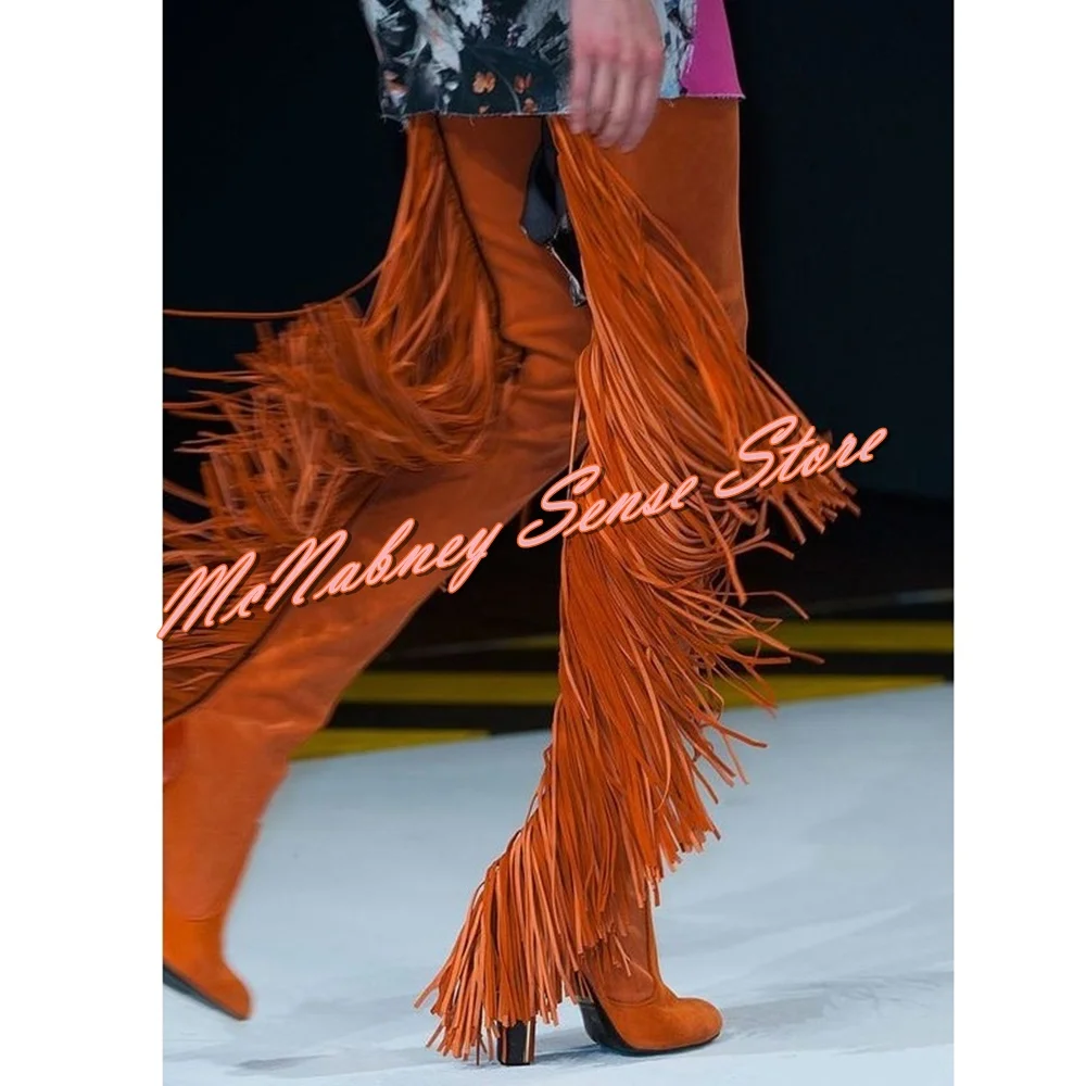 

Suede Fringe Thigh High Boots Pointed Toe Solid Thick Heels Fitted Tassel Boots Women Winter Party Runway Shoes New Designer