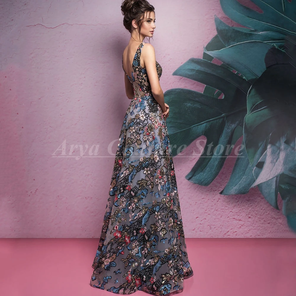 Organza Embroidered Evening Dress V-Neck Sleeveless Floral A-Line Long Gown Can Be Customized Women\'s Party Dinner Dresses