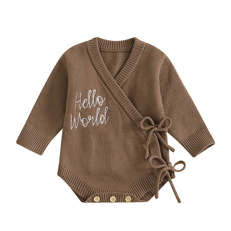 

Baby Girls Boys Sweater Rompers Letter Embroidery V-Neck Long Sleeve Side Tie-Up Toddler Fall Bodysuits Jumpsuits