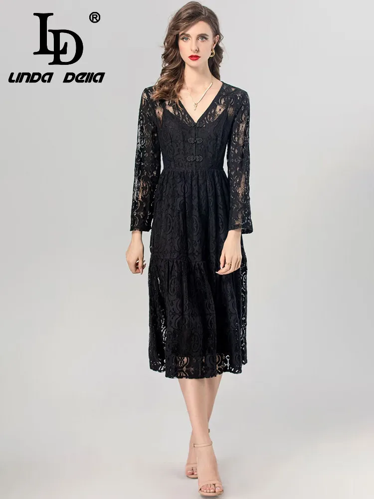 

LD LINDA DELLA 2024 New Style Runway Designer Dress Women's Vintage Lace Embroidery Hollow Out Disc Buckle Net Yarn Dresses