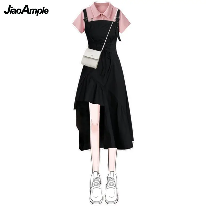 2024 Korean Elegant Summer New In Matching Set Women Fashion Short Sleeved T-shirt+Strap Dress Two Piece Female Chic Skirt Suit