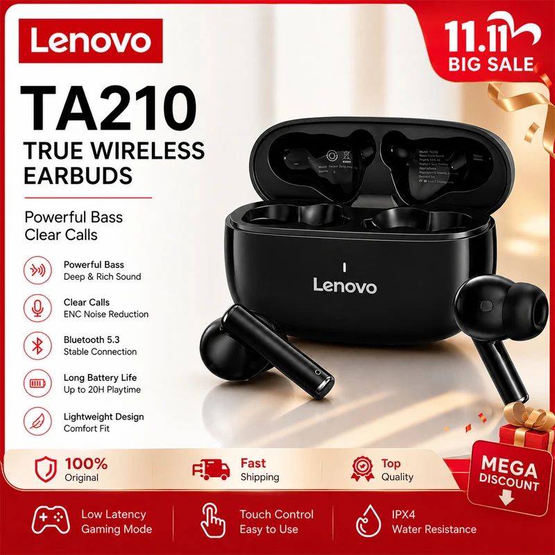 Lenovo TA210 Bluetooth Wireless Headphones Built In Microphone Charging Port Noise Isolating Comfortable Over In-Ear Type New