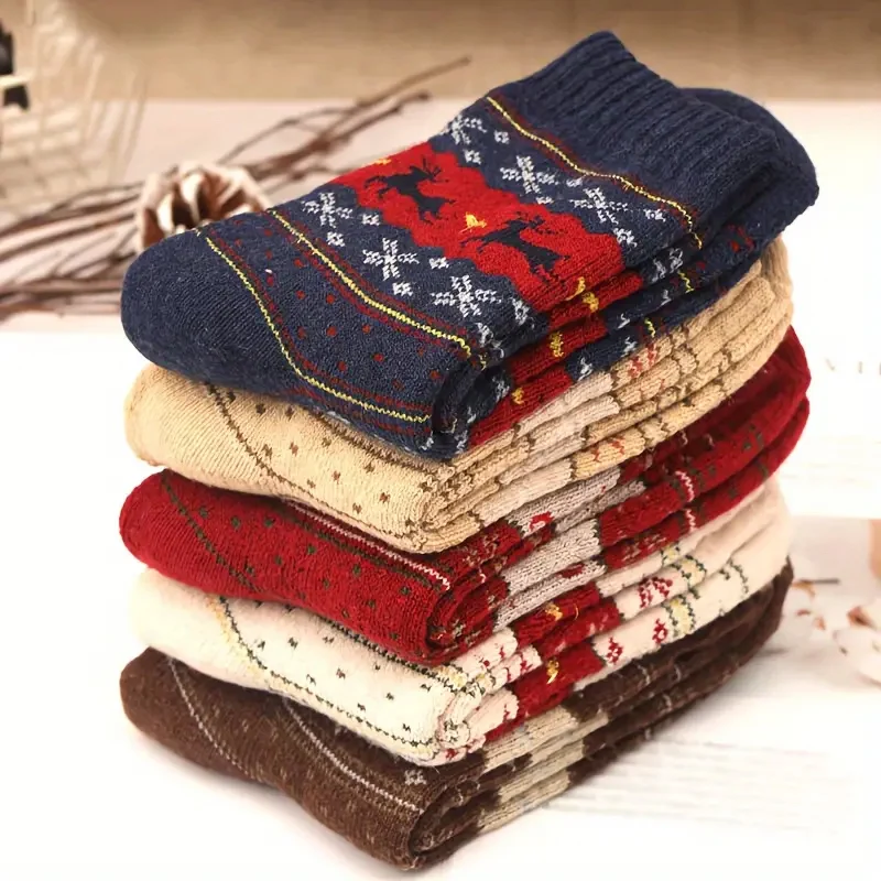 5 أزواج من جوارب عيد الميلاد الشتوية النسائية، جوارب الرنة الرجعية الدافئة والمريحة، مناسبة للاستخدام الداخلي والخارجي #2