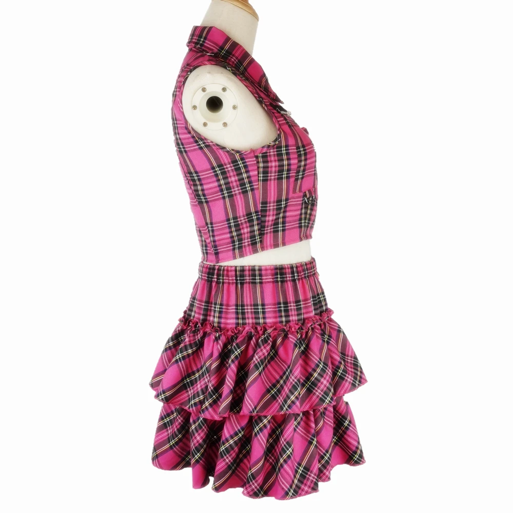 Zweiteiliges Set für Damen, Outfit 2025, Frühling, sexy, heißes Mädchen, Punk, Streetwear, schlankes Top und Party, Rüschen, Reißverschluss, kariertes kurzes Rock-Set