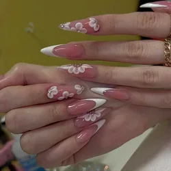 24Pcs Wearable Stiletto Nails Set Press on Nails Almond Simple French Flowers Design False Nails with Rhinestone Fake Nail Tips