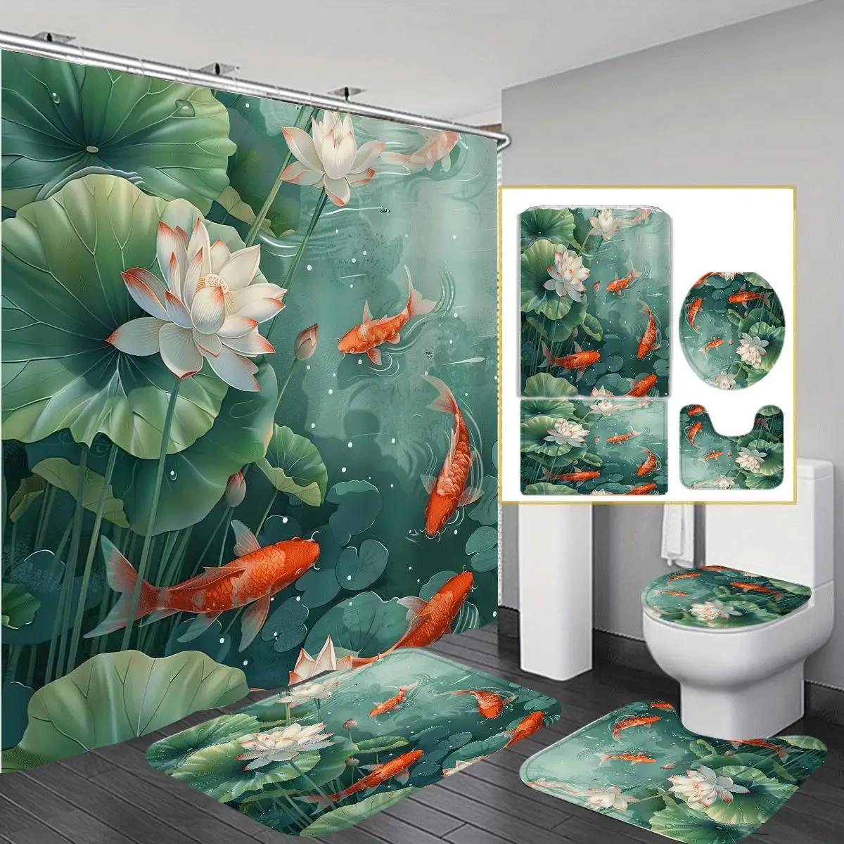 

Retro landscapes Themed Polyester, Washable, Bathroom Shower Home Decor with 12 Hooks, Non-Slip Bath Mat, U-Shaped Toilet Seat