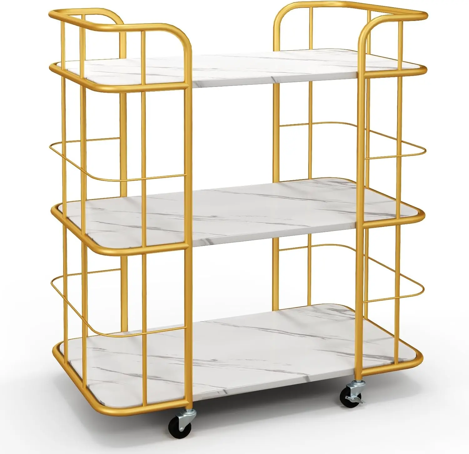 Gold Bar Cart, Home Island Service Cart, 3 Tier Storage Shelves with Guardrail, Imitation Marble Top, Kitchen Utility Trolley on